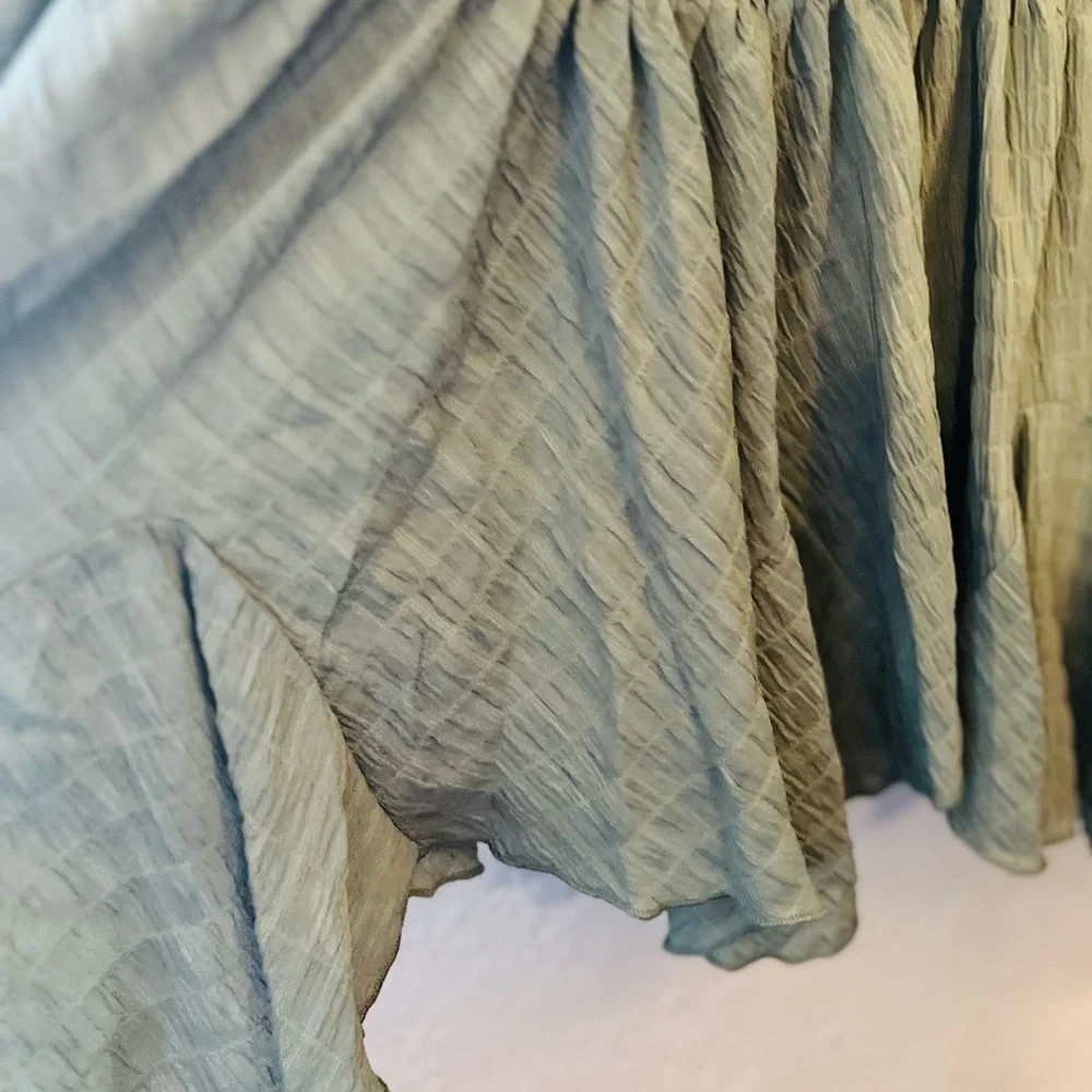 Miou Muse Halter Dress Olive Green Boho Ruffle Short Sleeveless Size L